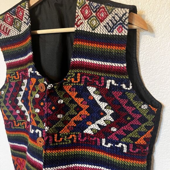 Handmade Woven Wool SouthAmerican Ikat Multicolor Vest L Ethnic Guatemala - Picture 2 of 8